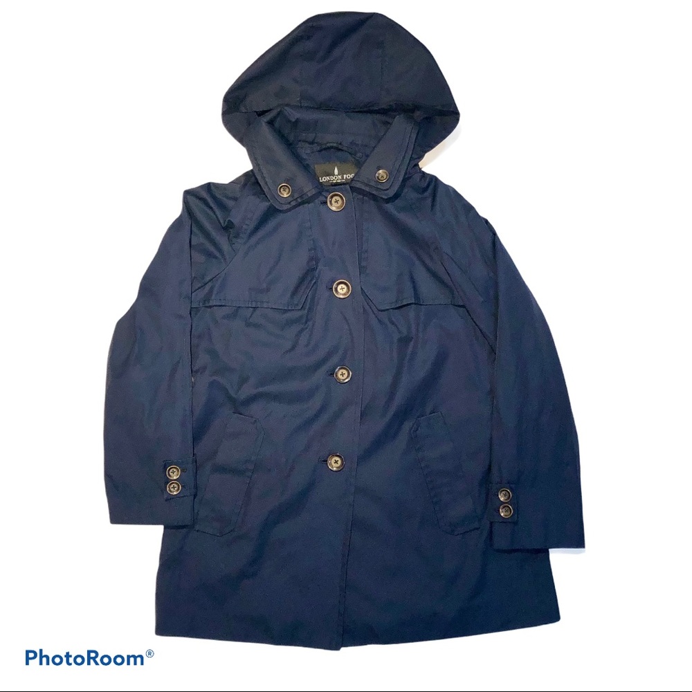 London Fog Navy Trench Raincoat w/Removable Hood